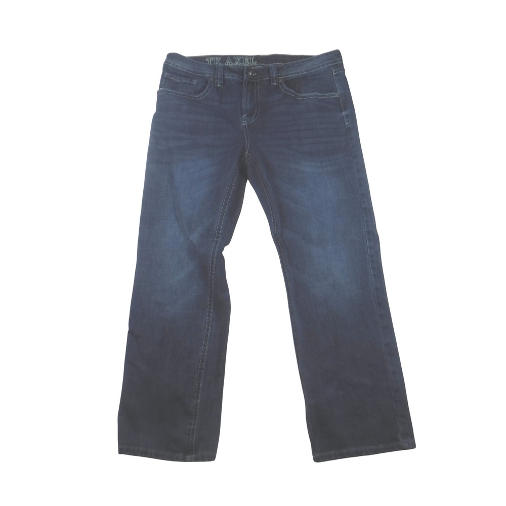 TK Axel Mens Straight Leg Jeans Dark Wash‎ Blue Denim Stretch 38x32 Embroidered